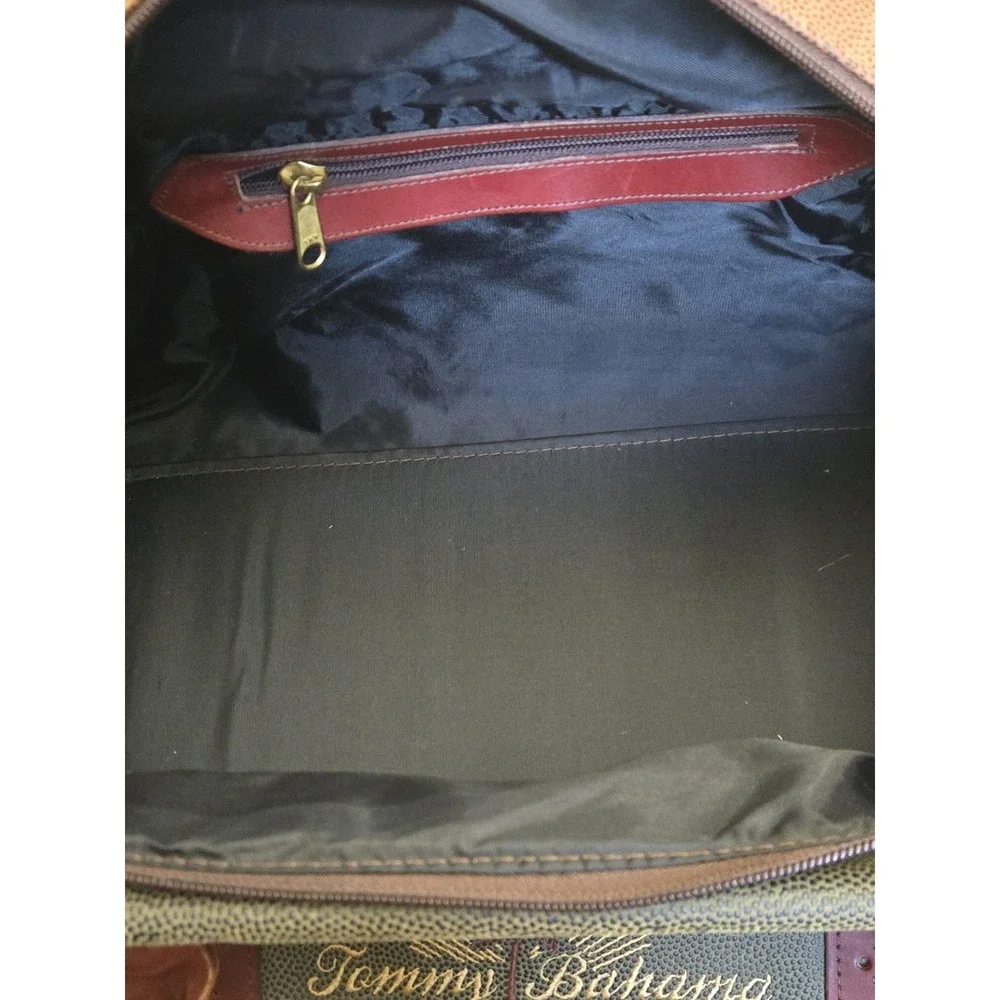 Vintage Tommy Bahama Mens Travel Duffel Bag Leather Green Beige Luggage Straps